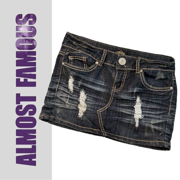 Almost Famous Junior Distressed‎ Denim Embellished Skirt - Size 3 - Picture 1 of 2